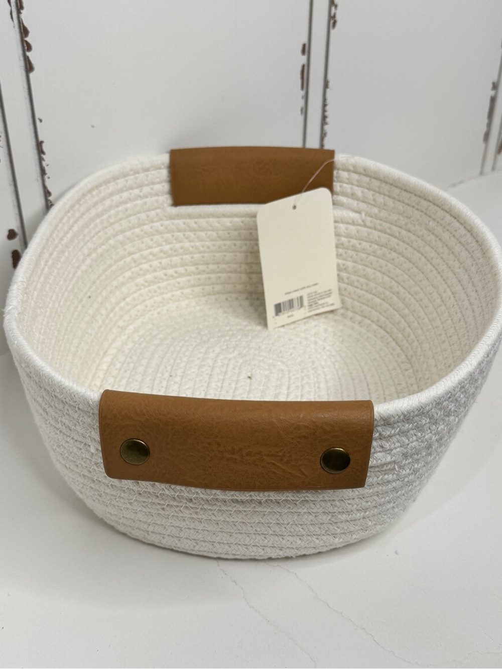 Cream Woven Rope Storage Basket with Brown Handles